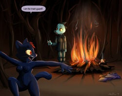 bea_santello black_body black_fur breasts campfire cigarette clothing crocodile crocodilian crocodylid duo felid feline female fire fur hi_res mae_borowski mammal night_in_the_woods nipples outside reptile scalie shieltar text video_games whiskers yellow_sclera