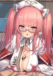 1boy absurdres ahoge azur_lane bangs bar_censor blush breast_squeeze breasts censored choker cleavage collared_dress cum cum_on_body cum_on_breasts cum_on_upper_body cumdrip dress eyebrows_visible_through_hair facial female glasses gloves hair_ornament half_gloves hat highres indoors large_breasts long_hair looking_at_viewer male_pubic_hair momo_no_sukebe nurse nurse_cap open_mouth paizuri penis perseus_(azur_lane) perseus_(nursery_service_time)_(azur_lane) pink_eyes pink_gloves pink_hair pov pubic_hair solo_focus straight twintails very_long_hair white_dress white_headwear x_hair_ornament