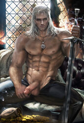 geralt_of_rivia gold male_only sakimichan sword the_witcher_(netflix) the_witcher_(series) white_hair yellow_eyes