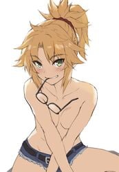 1girls bangs belt black_belt blonde_hair breasts clavicle eyebrows_visible_through_hair fate/apocrypha fate/grand_order fate_(series) glasses_in_mouth green_eyes high_resolution long_hair looking_at_viewer megane micro_shorts mordred_(fate) mouth_hold no_bra nude red_hair_ornament red_scrunchie scrunchie short_shorts shorts simple_background small_breasts smile solo tonee topless topless_female white_background