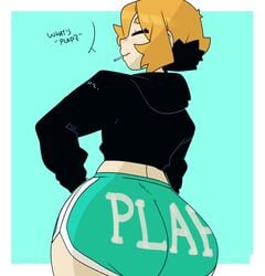 1boy 2020 big_ass boy_shorts bubble_butt closed_eyes crossdressing dat_ass dialogue english_text femboy gats hoodie hung_trap looking_back male male_only midriff_baring_shirt orange_hair pineapple_(gats) pizza_thot plap short_hair shorts solo text text_on_clothes trap two_tone_hair