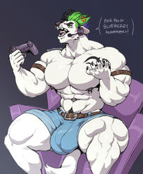 abs angry anthro belt bottomwear bulge canid canine canis chair clothed clothing controller cutoffs denim denim_clothing dialogue domestic_dog fur furniture game_controller grey_background hair headphones hi_res male male_only mammal multicolored_hair muscular muscular_male navel nipple_piercing nipples partial_nudity piercing playstation playstation_controller shorts simple_background sitting solo sony_corporation sony_interactive_entertainment sxfpantera topless video_games