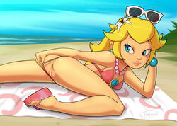 1girls anus ass beach bikini blonde_hair blue_eyes breasts brooch cleavage earrings female female_only flower_in_hair half-closed_eyes human light-skinned_female light_skin lips lipstick mario_(series) nintendo outdoors pink_bikini presenting princess_peach pussy sandals solo sunglasses sunglasses_on_head super_mario_odyssey swimsuit thick_lips throat_(artist) wedge_heels