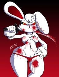 2spot_studio anthro blood bloody_bunny bloody_bunny_(character) bodily_fluids cameltoe female genitals hair hand_on_hip hi_res jo-vee-al lagomorph leporid mammal melee_weapon monster nipples partially_visible_vulva rabbit red_background red_eyes scar simple_background solo standing stitch_(disambiguation) sword thick_thighs weapon wide_hips yellow_eyes