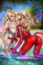 2girls ann_takamaki ass atlus ayyasap big_ass big_breasts blonde_hair blue_eyes breasts catherine catherine_(game) company_connection crossover female female_only large_breasts latex looking_at_viewer persona persona_5 pink_lipstick smiling smiling_at_viewer solo solo_female stockings succubus tagme tight_clothing