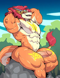 abs anthro dragon future_card_buddyfight genitals hair hands_behind_head humanoid_penis looking_at_viewer male male_only muscular muscular_male navel nipples nude penis red_hair sharp_teeth sitting solo sun_dragon_bal sxfpantera teeth thick_thighs