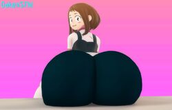 1girls 3d costume female female_only gigantic_ass hero_outfit_(mha) hyper_ass looking_back my_hero_academia oakensfm ochako_uraraka simple_background sitting solo solo_female tagme woodworksfm