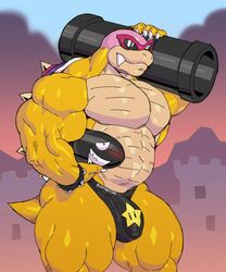 anthro big_biceps blush bulge bullet_bill clothed clothing eyewear hi_res koopa koopaling male male_only mario_(series) musclegut muscular muscular_male navel nintendo partial_nudity roy_koopa scalie solo speedo sunglasses super_mario_bros. swimwear sxfpantera thick_thighs topless video_games warp_pipe