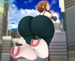 1girls 3d ass ass_focus boots brown_hair costume female female_only floating gigantic_ass hero_outfit_(mha) huge_ass my_hero_academia oakensfm ochako_uraraka solo superhero_costume superheroine tagme woodworksfm