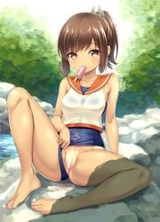 blush breasts brown_eyes brown_hair censored clothing dirty_clothes eyebrows_visible_through_hair female forest hair_ornament i-401_(kantai_collection) kantai_collection kase_daiki looking_at_viewer nature one-piece_swimsuit open_mouth ponytail pussy sailor_collar school_swimsuit short_hair short_ponytail sitting small_breasts solo swimsuit swimsuit_under_clothes tree