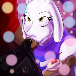 1:1 anthro bodily_fluids boss_monster bovid brown_eyes caprine clothing dark-skinned_male dark_skin deepthroat duo fellatio female female_focus food fur genitals goat hi_res horn jngart male mammal mature_female oral oral_sex penile penis pie red_eyes saliva sex solo_focus straight toriel undertale unseen_male_face video_games white_body white_fur