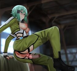 1boy 1girls anus aqua_eyes aqua_hair asada_shino ass blush breasts censored chaps cropped_jacket female ginhaha glaring green_jacket gun_gale_online hair_ornament hairclip highres jacket male medium_breasts nipples penis pussy sex shiny shiny_hair shiny_skin short_hair silhouette sinon solo_focus straight sword_art_online vaginal_penetration