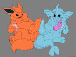 2boys animal_genitalia animal_penis anthro big_penis canine canine_penis colorcoroded dildo eeveelution flareon furry hi_res male male_only nintendo penis pokémon_(species) pokemon pokemon_rgby sex_toy tapering_penis vaporeon video_games