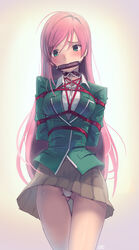 1girls absurdres akashiya_moka arms_behind_back bit_gag blush bondage bound breasts choker cleavage collar female female_only femsub fully_clothed gag gagged green_eyes helpless highres kaddo large_breasts long_hair panties pink_hair restrained rope rosario+vampire school_uniform shirt skirt solo thigh_gap tied_up underwear upskirt