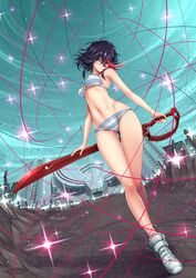 adsouto armpits ass_visible_through_thighs bare_legs bare_shoulders black_hair blade blue_eyes blue_striped_bra blue_striped_panties bra kill_la_kill matoi_ryuuko multicolored_hair navel outside panties red_ribbon school scissors shimapan shoes smirk stars striped_bra striped_panties tagme thigh_gap thighs