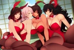 4girls ass big_ass big_breasts breasts breasts_bigger_than_head breasts_on_back bunny_ears bunny_girl bunnysuit cleavage clothing exposed_shoulders female female_only human kali_belladonna large_breasts looking_at_viewer looking_back matching_outfit milf multiple_girls nachocobana pantyhose raven_branwen rwby shoulders summer_rose willow_schnee