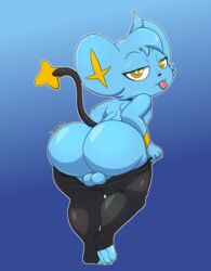 1boy absurd_res anthro anthrofied ass blue_background edit eyeliner feline furry girly half-closed_eyes hi_res kingjion looking_at_viewer makeup male narrowed_eyes nintendo pokémon_(species) pokemon pokemon_dppt seductive shinx simple_background solo text thick_thighs tongue tongue_out video_games watermark wide_hips