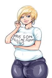 1futa arm_under_breasts big_penis blonde_hair blue_eyes breasts bulge chubby clothed clothing curvy earrings eyelashes fully_clothed futa_only futadom futanari hoop_earrings human keynesianeconomics lifting_breasts light-skinned_futanari light_skin lipstick looking_at_viewer meme milf mommy mommy_kink original original_character pale_skin penis penis_outline penis_under_clothes pink_lipstick plump short_hair skindentation smirk solo standing supporting_breasts sweat_pants sweatpants text thick_penis thick_thighs tight_clothes tight_clothing tight_pants tight_shirt twirling_hair very_short_hair white_background white_shirt