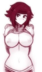 areolae bandana blush breasts code_geass eye_contact female flashing headband highres kallen_stadtfeld large_breasts looking_at_another looking_at_viewer monochrome_background navel nipples partially_undressed red_hair short_hair simple_background tridisart