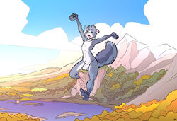 5_fingers 5_toes anthro blue_body blue_fur blue_sky closed_eyes cloud ducky_(artist) fingers forest fur genitals grey_body grey_fur hi_res huge_hands lake macro male male_only mammal mountain nude open_mouth penis sky solo toes tree white_body white_fur yawn