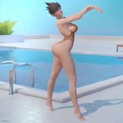 1girls 3d ass big_ass big_breasts breasts busty eye_contact female female_only looking_at_viewer overwatch poolside posing side_view sideboob sling_bikini snmdoll solo thong thong_bikini tracer wet_skin