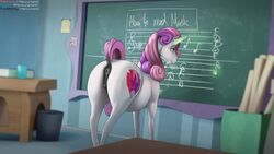 animal_genitalia animal_pussy anus ass classroom conditional_dnp detailed_background dock english_text equid equine_pussy female feral friendship_is_magic genitals hi_res horn mammal mercurial64 my_little_pony pussy school smile solo sweetie_belle_(mlp) text unicorn