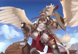 anthro armor avian bodily_fluids cat_tail dripping feathered_wings feathers female fur genital_fluids genitals gryphon hi_res man_catcher mask melee_weapon merrunz polearm pussy pussy_juice shield sky solo sword unconvincing_armor weapon white_body white_fur wings