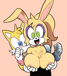 1boy 1girls amputee anthro blush breast_grab breast_squeeze breasts bunnie_rabbot cyberlimb cybernetics lagomorph large_breasts miscon pink_background smile sonic_(series) tails triple_amputee