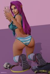 1girls 3d 3d_(artwork) alternate_costume ass big_ass elf female female_only paladins panties phone purple_eyes purple_hair shimapan skye_(paladins) snmdoll solo street_style street_style_skye