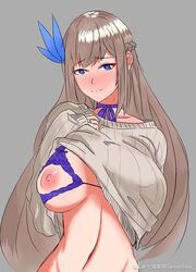 areolae blue_eyes breasts breasts_apart feather_hair_ornament heart heart-shaped_pupils large_breasts lexington_(warship_girls_r) long_hair mind_control nippleless_clothes nipples platinum_blonde_hair sweater symbol-shaped_pupils warship_girls_r