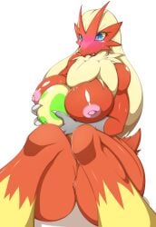 anthro areola avian big_breasts bird blaziken blue_eyes blush breasts egg female female_blaziken fur hair hi_res kemojin nintendo nipples nude pink_areola pink_nipples pokemon pokemon_(species) solo straight video_games