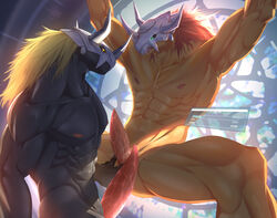 abs anthro armor barazoku big_penis blackwargreymon blonde_hair digimon digimon_(species) digital_media_(artwork) dragon genitals hair headgear helmet hi_res huge_cock inkudoragoon male male/male muscular nipples nude pecs penis red_hair simple_background slit wargreymon wet