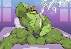 1boy abs alternate_color anthro anthrofied axew balthazar_haxter bed big_muscles big_penis blush cubone dialogue dragon furniture green_penis half-closed_eyes hands_behind_head huge_muscles huge_penis huge_testicles humanoid_penis hyper hyper_muscles long_penis lying male male_only masturbation muscular muscular_male nintendo nude on_back orgasm original_character penile penile_masturbation penis pokémon_(species) pokemon pokemon_(species) pokemon_bw scalie solo straight_hair sxfpantera testicles text thick_penis video_games