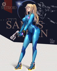 1girls artist_name azto_dio bangs beauty_mark blonde_hair blue_eyes bodysuit breasts character_name clothed copyright_name english_text female female_only firearm footwear front_view full_body gun hair_between_eyes handgun high_heels highres holding_gun holding_weapon human large_breasts long_hair long_ponytail looking_at_viewer metroid midriff mole mole_under_mouth navel nintendo pale_skin ponytail ranged_weapon samus_aran shoes skin_tight solo standing text toned toned_female very_long_hair weapon wristwear zero_suit zero_suit_samus