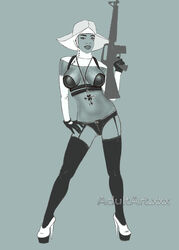 armwear assassin belly black_bra black_eyes black_gloves black_legwear black_lingerie black_lips black_panties breasts_apart cross female female_assassin female_only gloves gun hand_on_hip happy hitman_absolution holding_gun holding_weapon lasandra_dixon leaning leaning_to_the_side lingerie looking_at_viewer m16 machine_gun necklace nun nylons rzhevskii solo the_saints_(hitman_absolution) watermark white_armwear white_high_heels