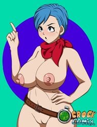 blue_eyes blue_hair bulma_briefs crockcomix dragon_ball dragon_ball_super dragon_radar eyebrows eyelashes huge_breasts human large_breasts naked pussy radar red_bandana simple_background tagme