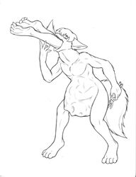 anthro belly big_belly canid canine canis cownugget face_imprint female female_prey genitals lagomorph leporid male male_pred mammal monochrome neck_bulge nude oral_vore penis rabbit straight swallowing vore wolf