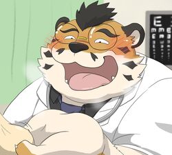 2020 anthro balls blush clothing eyewear felid genitals glasses hi_res hon55728 humanoid_hands kemono male male_only mammal necktie overweight overweight_male pantherine shirt solo_focus tiger tongue tongue_out topwear