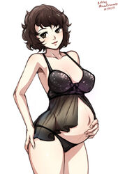 1girls artist_name big_belly black_hair bra dated female female_only hair lingerie megami_tensei minacream panties persona persona_5 pregnant ready_to_pop sadayo_kawakami signature solo video_games