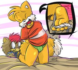 2008 anthro barefoot bulge canine character_request closed_eyes clothing crotch_bulge fox front_view fur kneeling male male_only mammal roarey_raccoon sonic_(series) sonic_the_hedgehog_(series) sonic_the_hedgehog_2 tagme tails tickling what