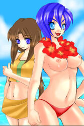 00s 2000s 2008 2girls after_war_gundam_x beach bikini black_hair blue_eyes blue_hair breasts curvaceous duo female gundam hcsb human large_breasts light-skinned_female light_skin long_hair multiple_girls nipples pala_sys short_hair swimsuit tagme tiffa_adill