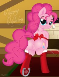 2015 absurd_res anus bedroom_eyes blue_eyes christmas clothing earth_pony edit equine eyeshadow female fireplace focus friendship_is_magic fur gift hair half-closed_eyes heart hi_res hisexpliciteditor holidays horse inside label legwear makeup mammal my_little_pony pink_body pink_fur pink_hair pinkie_pie_(mlp) pony presenting puffy_anus pussy pyruvate ribbons seductive smile socks solo spread_pussy spreading stockings straight_hair tail_bow