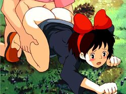 1girls 2007 all_fours ass blush bow breasts brown_hair clothing doggy_style dolce_(circle) dress female human kiki kiki's_delivery_service light-skinned_female light_skin male medium_breasts open_mouth outdoors sex short_hair solo_focus studio_ghibli wide_hips witch