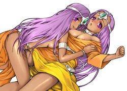 bikini_armor blush breasts circlet clothing dark_skin dragon_quest dragon_quest_iv dress female female_only human incest loincloth long_hair maya_mahabala meena_mahabala multiple_females open_mouth purple_eyes purple_hair rinomure shirt_pull siblings sisters small_breasts surprised topless twins yuri