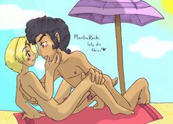 2boys beach black_hair blonde_hair cloudkitsune harvest_moon male male_only marlin_(harvest_moon) rock_(harvest_moon) yaoi