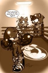 2008 anthro boxing_gloves boxing_ring canine echidna fox front_view fur hedgehog interspecies knuckles_the_echidna male male_only mammal monochrome multiple_males neokat penis sonic_(series) sonic_3 sonic_the_hedgehog sonic_the_hedgehog_(series) sonic_the_hedgehog_3 standing tagme tails text