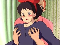 1girls 2007 blush bow breast_grab breasts brown_hair clothing dolce_(circle) dress female grope human indoors kiki kiki's_delivery_service light-skinned_female light_skin male medium_breasts short_hair solo_focus studio_ghibli surprised tagme tombo_kopoli witch