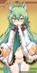 ahoge akashi_(azur_lane) animal_ears ass_visible_through_thighs azur_lane blush censored commentary_request eyebrows_visible_through_hair female green_hair hair_ornament hinghoi lifted_by_self long_hair looking_at_viewer mosaic_censoring mouth_hold navel patreon_username pussy sleeves_past_wrists solo standing yellow_eyes