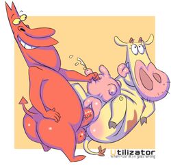 1boy 1girls anthro bovid bovine cartoon_network cattle cow cow_(character) cow_and_chicken demon devil female furry hairy_balls interspecies lactation male male/female male_penetrating male_penetrating_female milk red_body red_skin sex squeezing_nipple the_red_guy tongue_out udders utilizator vaginal vaginal_penetration vaginal_sex yellow_eyes