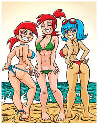 00s 2000s 2008 3girls ass beach bikini blue_hair cartoon_network crossover el_tigre female female_only foster's_home_for_imaginary_friends frankie_foster frida_suarez ginger grey_delisle human latina multiple_females multiple_girls nickelodeon panty_pull polo-jasso red_hair the_fairly_oddparents thong vicky_(fairly_odd_parents) voice_actor_connection white_background